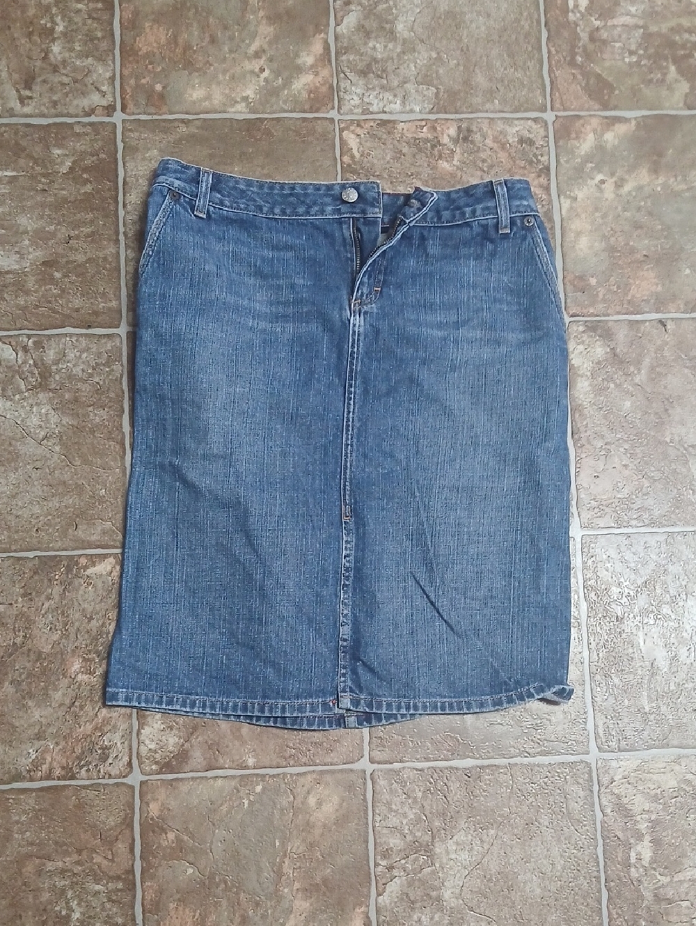 J. Crew  Blue Denim Midi Pencil Skirt with Contrast Stitching